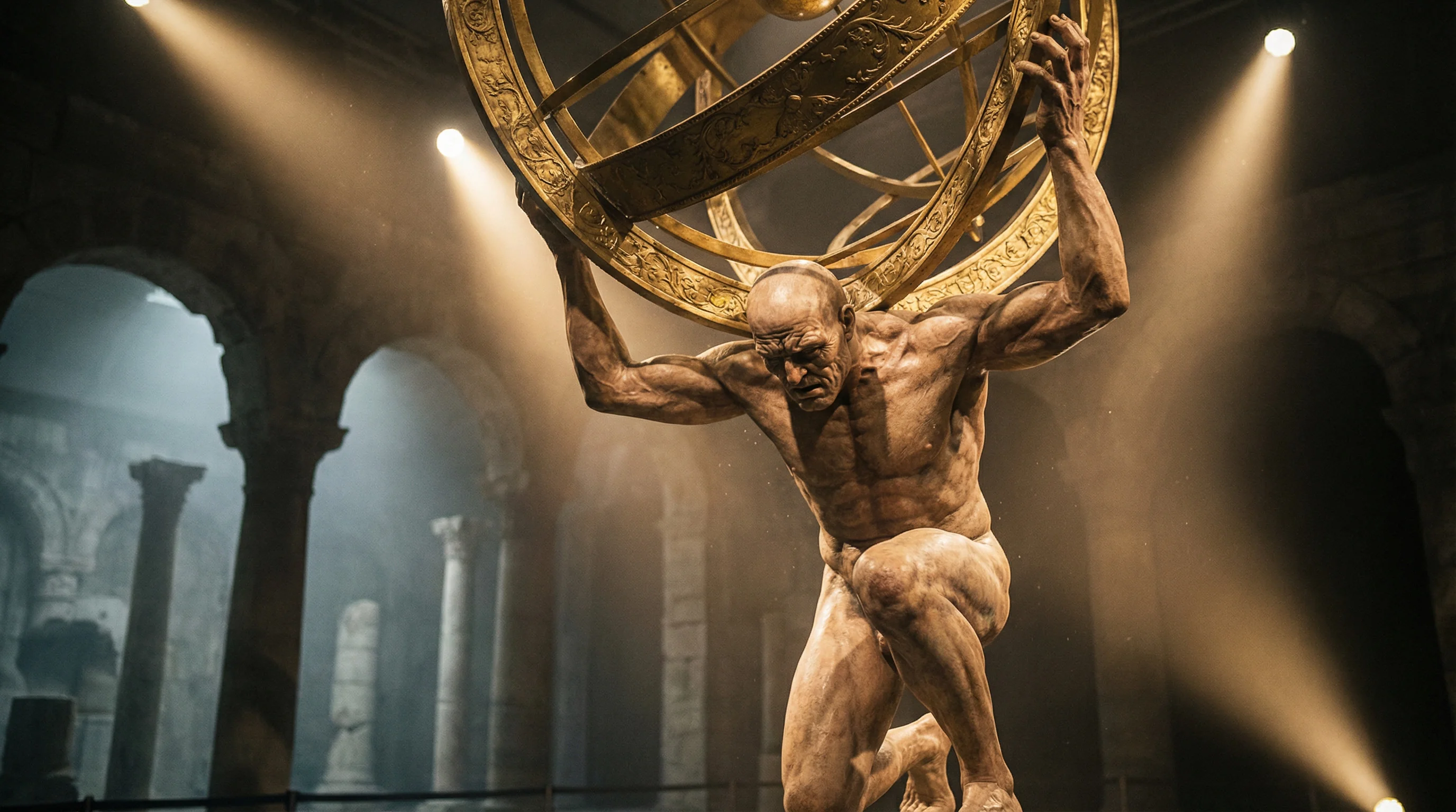 Titan Atlas holding up the celestial sphere in monumental sculpture