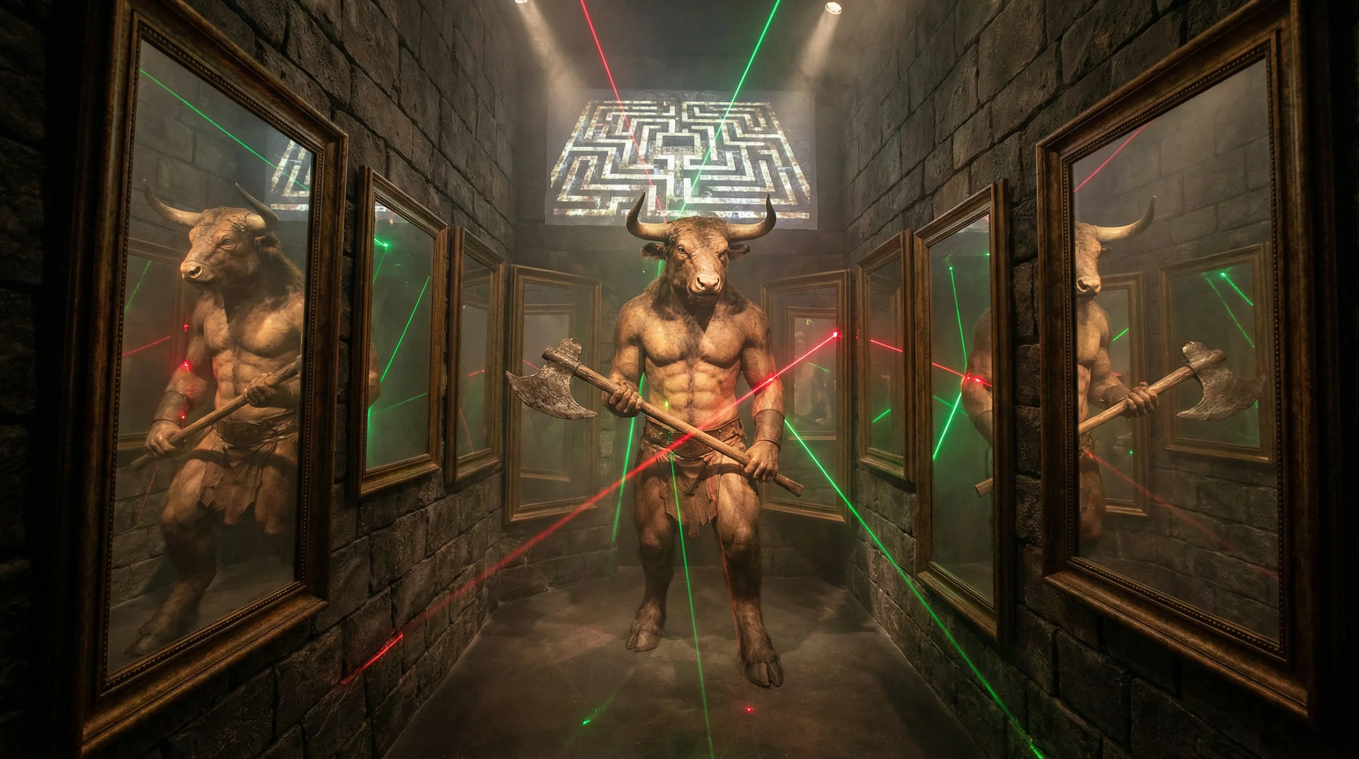 Dark maze labyrinth with life-size Minotaur creature at center