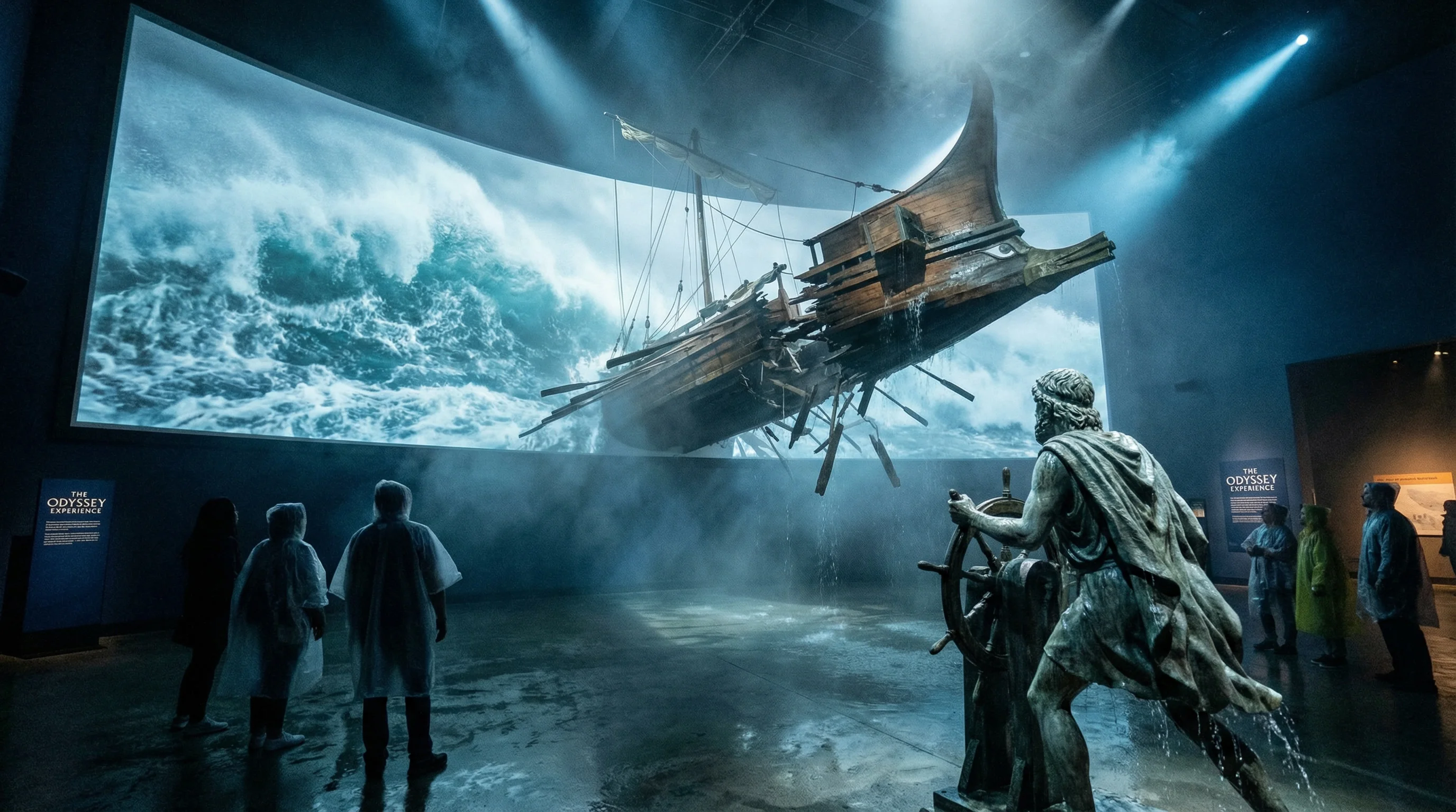 Epic sea voyage of Odysseus with mythological monsters and sirens