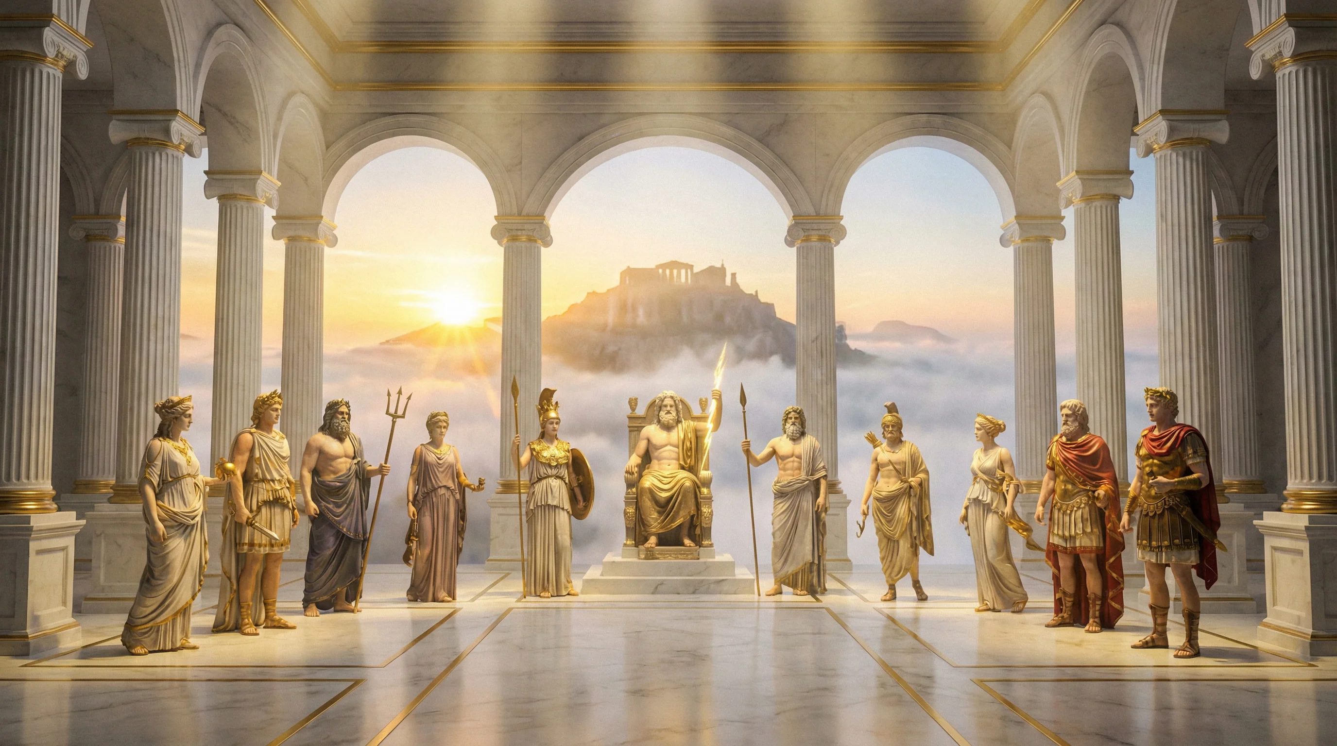 Mount Olympus throne room with life-size Greek gods Zeus and Athena