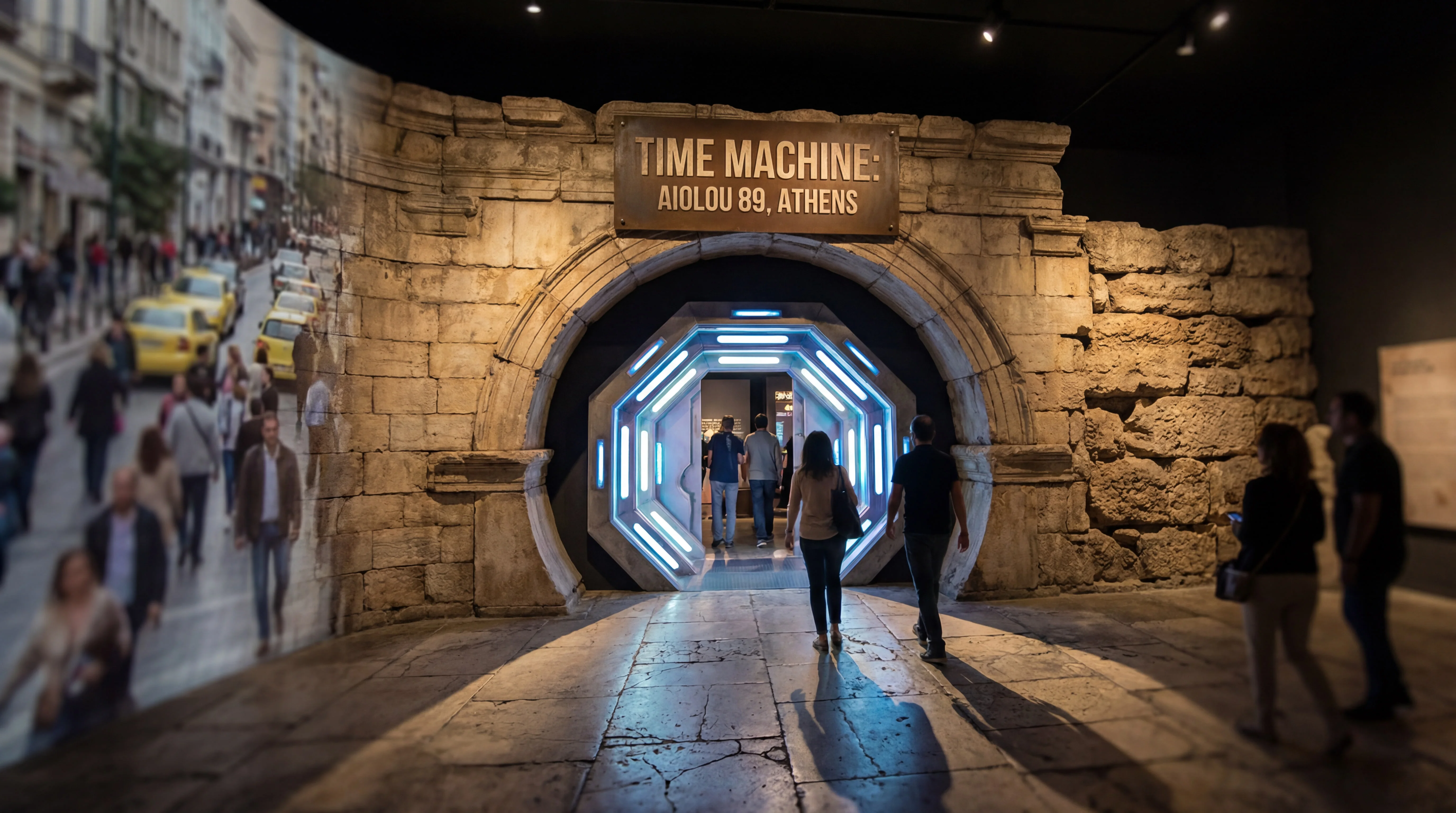 Ancient Greek time machine portal with mystical lighting and temporal effects